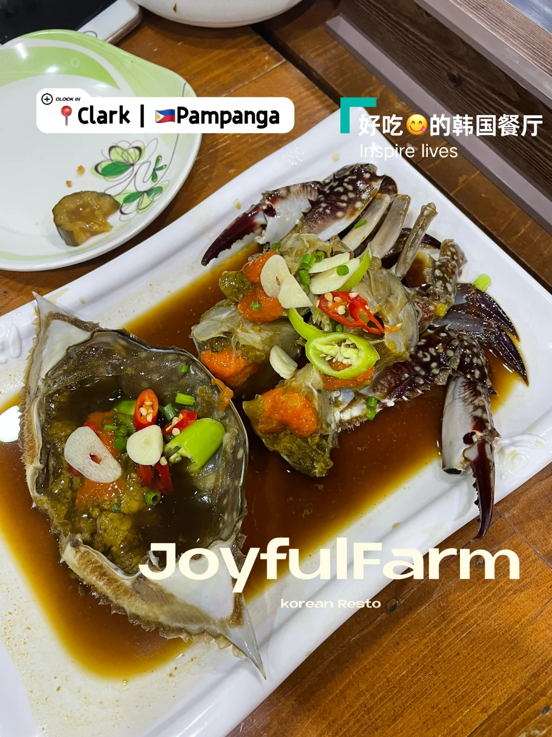 Clark/Angel City-Joyfulfarm, a Korean restaurant in Clark Angel City, recommends raw marinated crab and spicy fried squid.