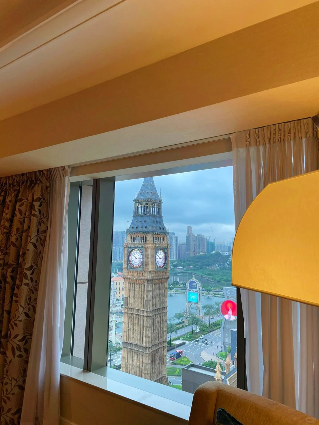 Macao-Conrad Macao Sands Cotai Central, located on the Macau Cotai Strip, having breakfast under Big Ben