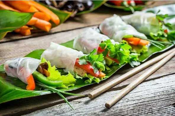 Hanoi-Must-eat food in Hanoi. Spring rolls, rice noodles, baguettes, traditional grilled fish