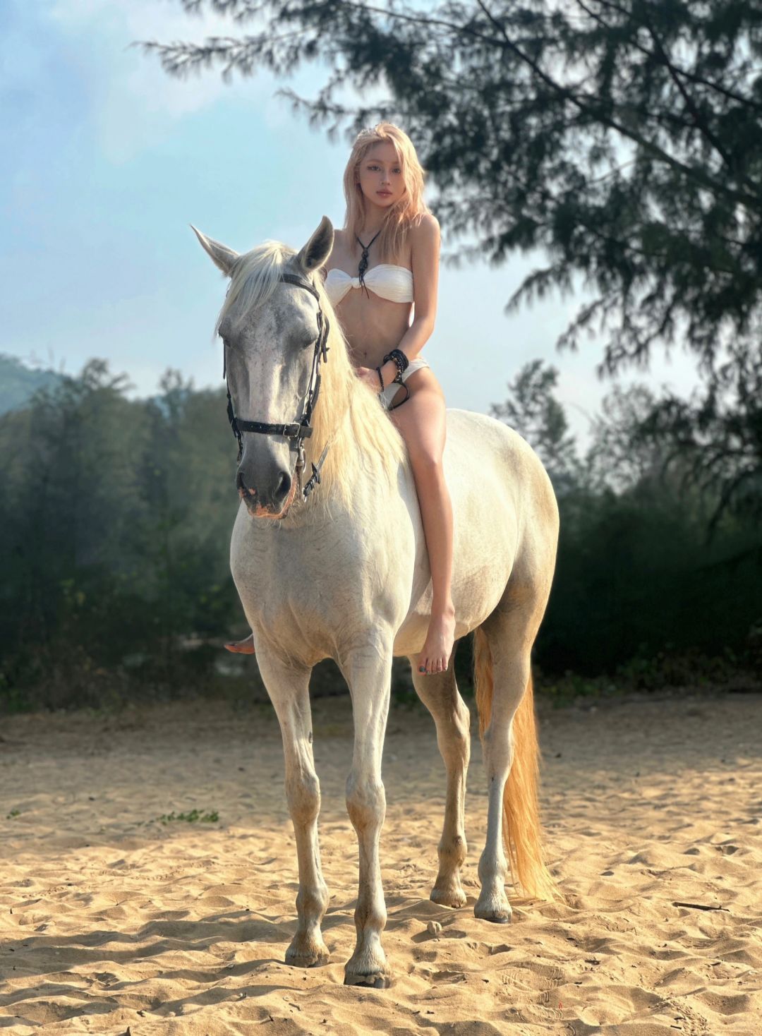 Phuket-Beautiful girl traveling on horseback riding on the beach in Phuket with clear sea and sky