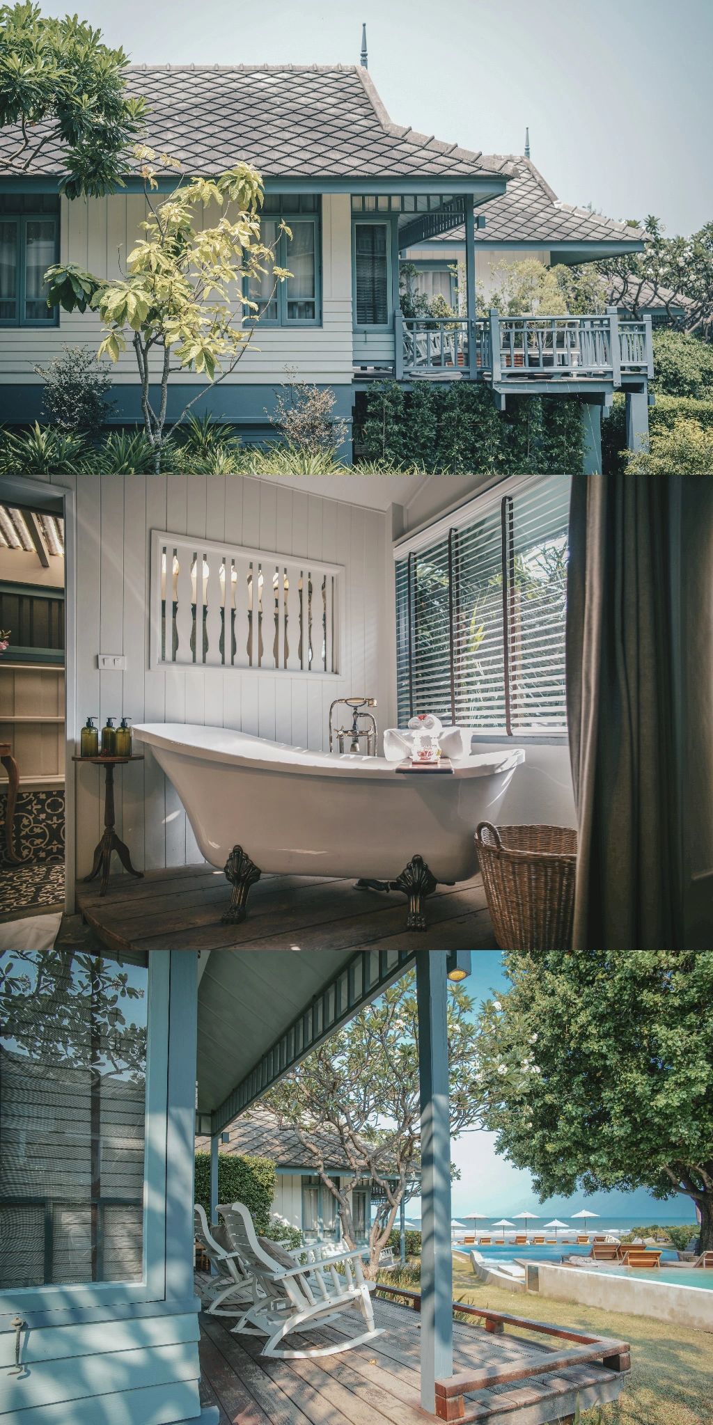 Hua Hin-Devasom Hua Hin Resort Hotel, each room has a bathtub and balcony. A complimentary cocktail at sunset