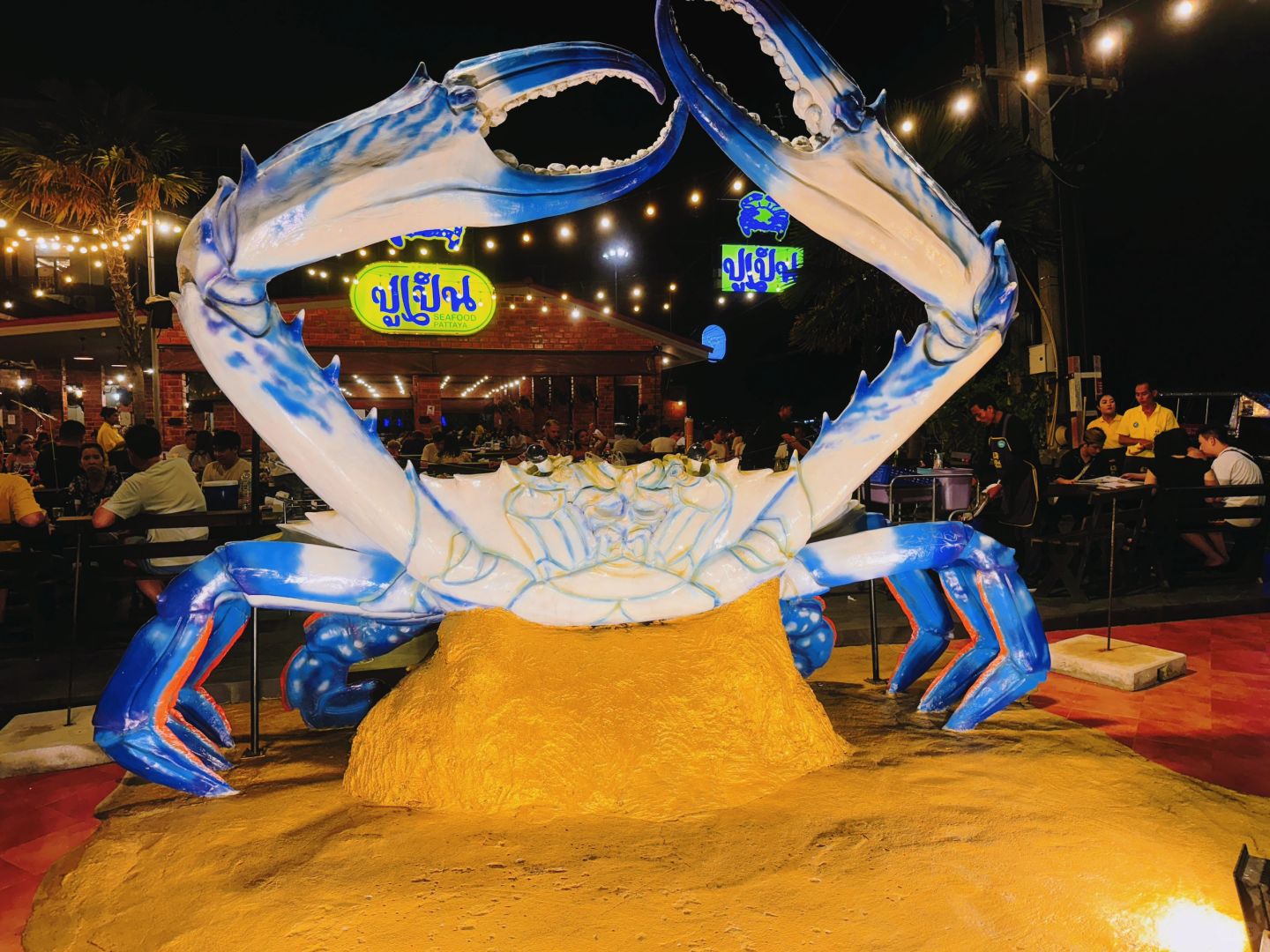 Pattaya-Pupen Seafood Restaurant in Jomtien Beach, Pattaya, a big blue crab is seen at the entrance