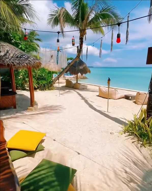 Cebu-Amihan Beach Cabanas Hotel in Tayan Island, full of green plants, blue sea and white sand beach